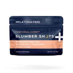 Slumber Shots Sleep Gummies bottle displaying 48-count melatonin-free formula