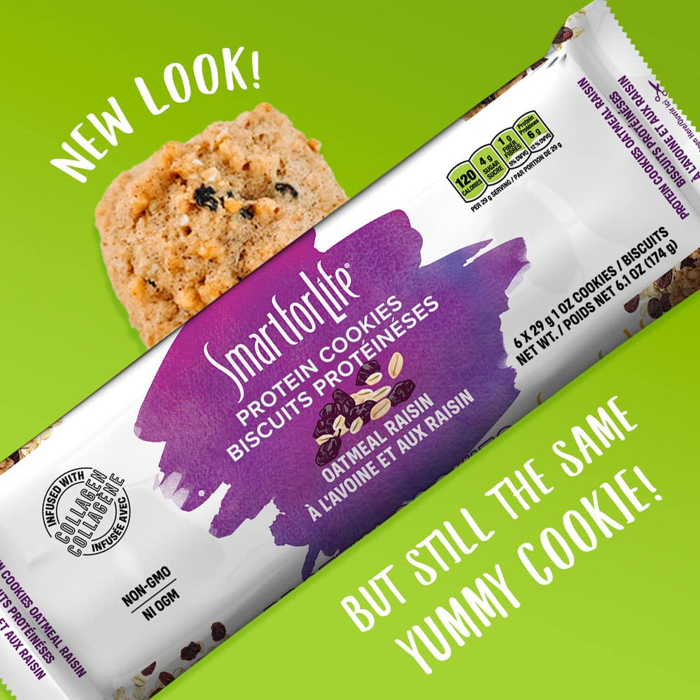 Smart for Life oatmeal raisin protein cookie closeup emphasizes protein and fiber for fullness.
