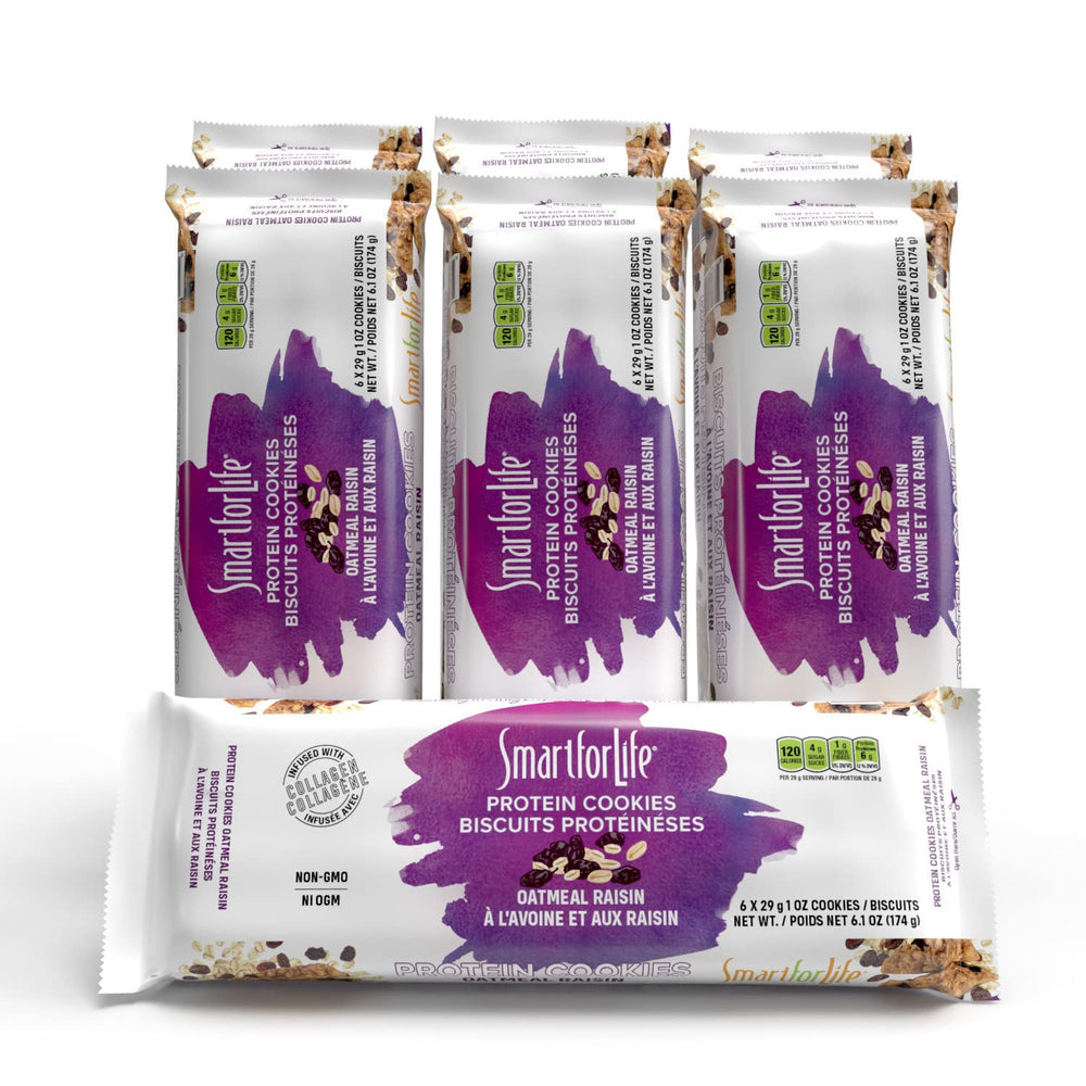 Smart for Life oatmeal raisin protein cookie packaging shows a convenient meal replacement option for busy days.