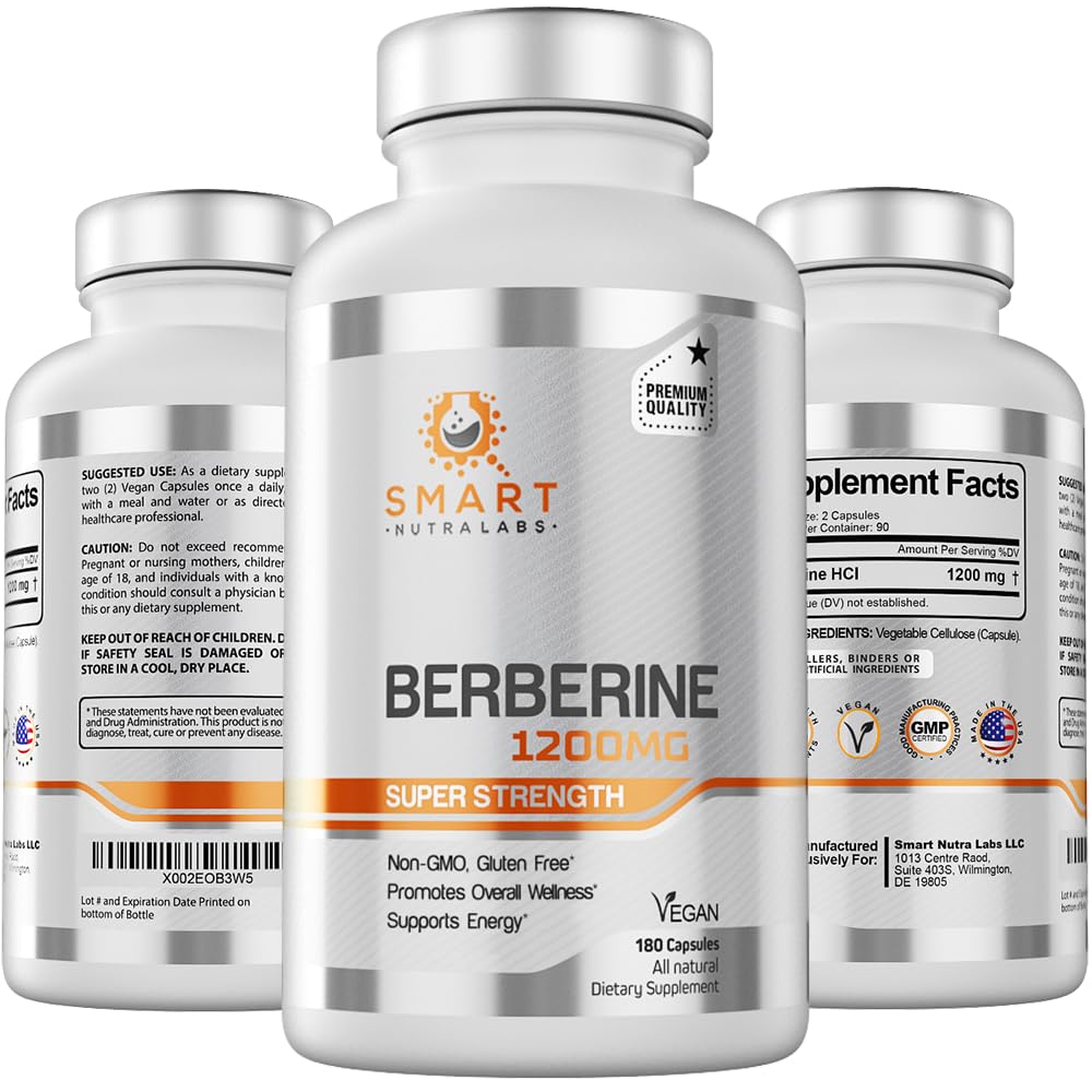 Front of Smart Nutra Labs Berberine HCL 1200mg bottle - 180 vegan capsules