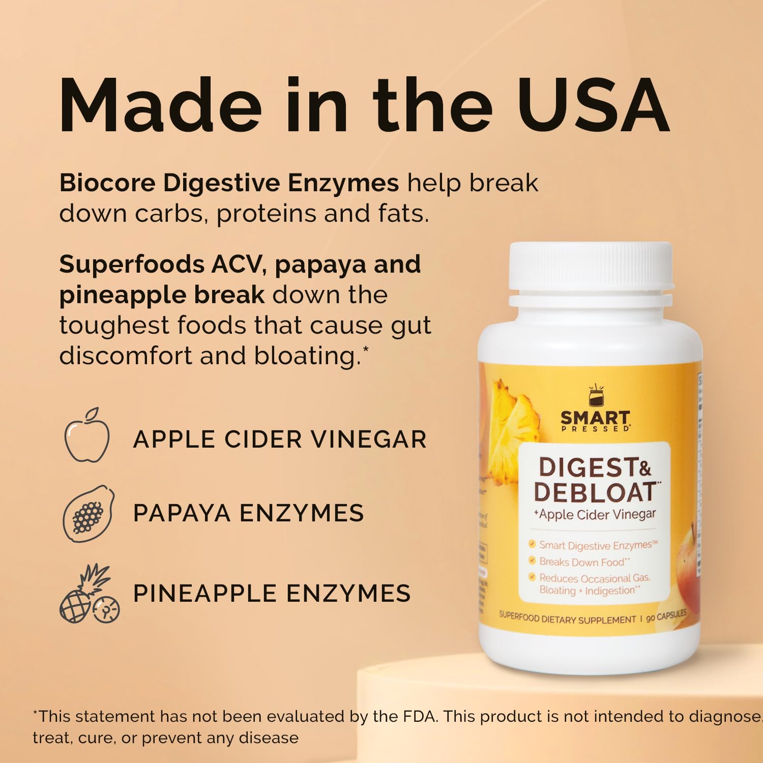 SMART Pressed side label close-up listing key enzymes and vegetarian claim