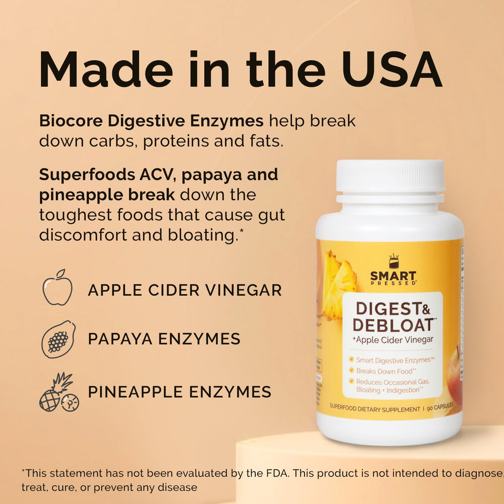 SMART Pressed side label close-up listing key enzymes and vegetarian claim
