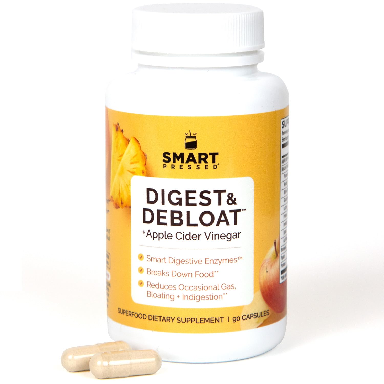SMART Pressed front bottle showing label and 90 capsule count for easy storage