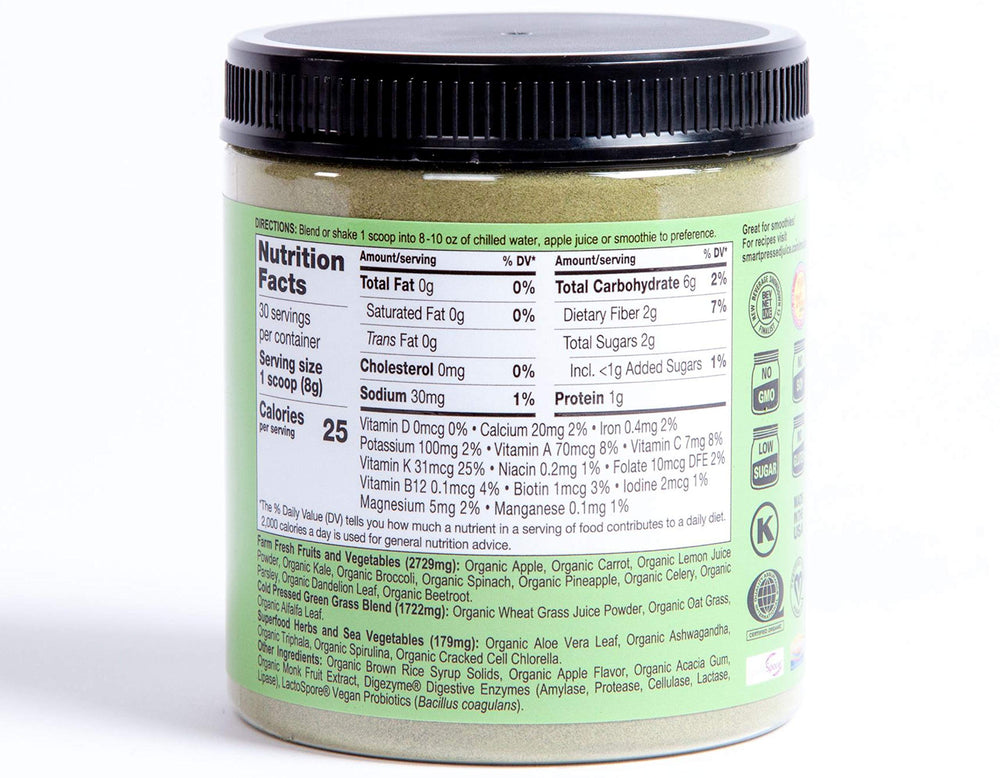 Kale, spinach and wheatgrass in SMART Pressed blend for nutrient boost