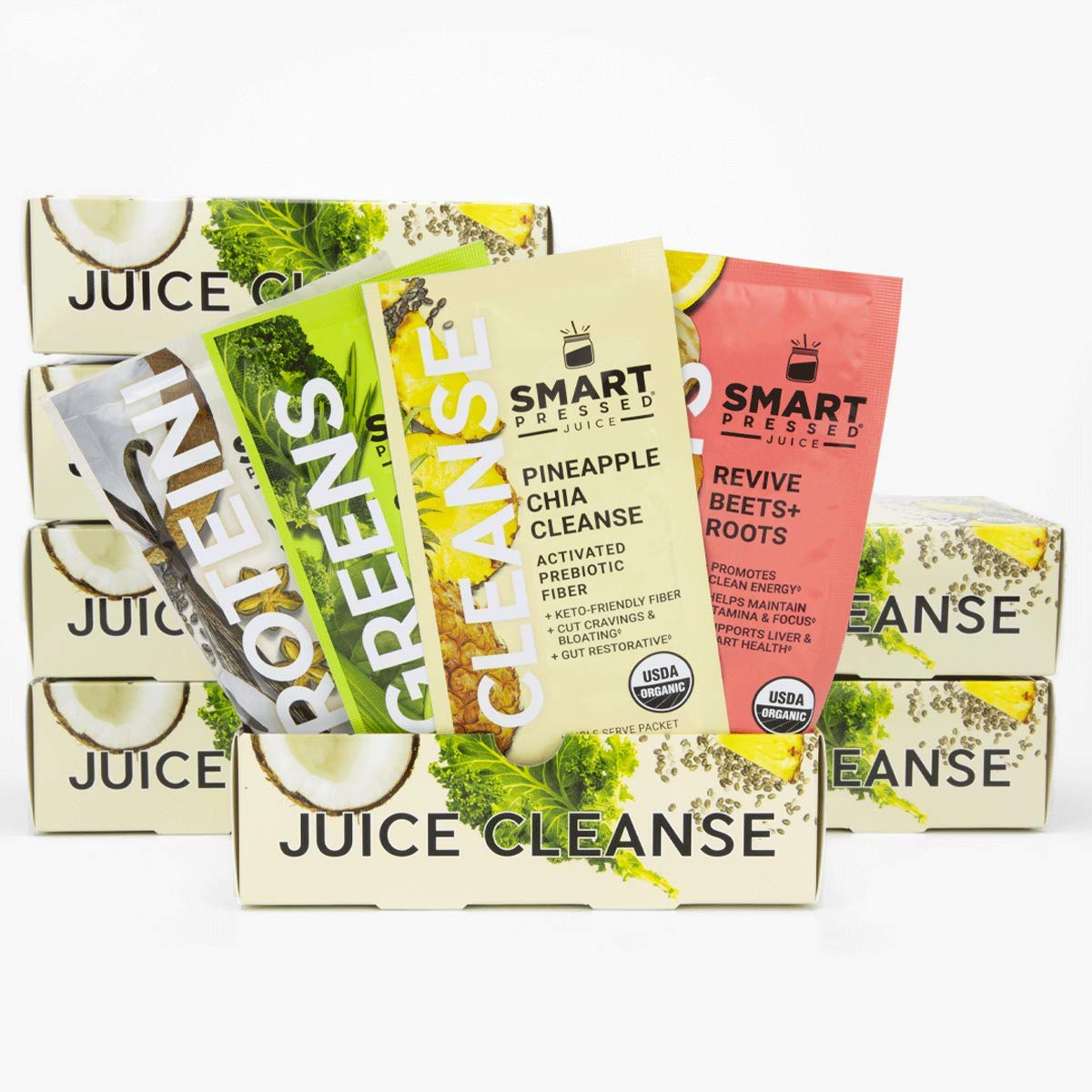Smart Pressed 7-Day Juice Boxes show a structured cleanse schedule.