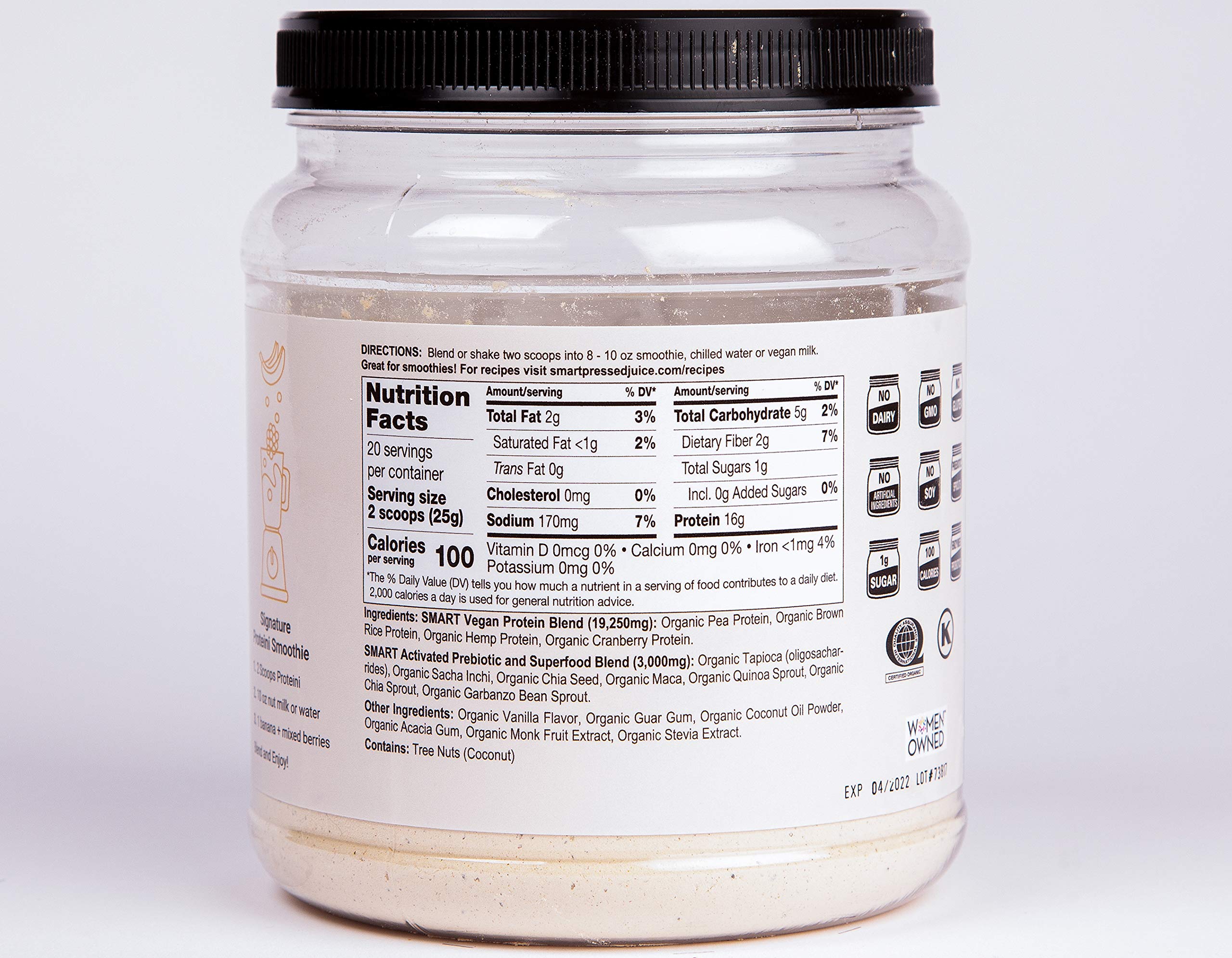 Illustration of organic ingredients including pea, brown rice, hemp, maca and other superfoods