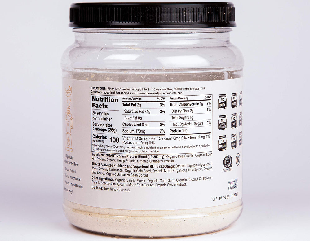 Illustration of organic ingredients including pea, brown rice, hemp, maca and other superfoods