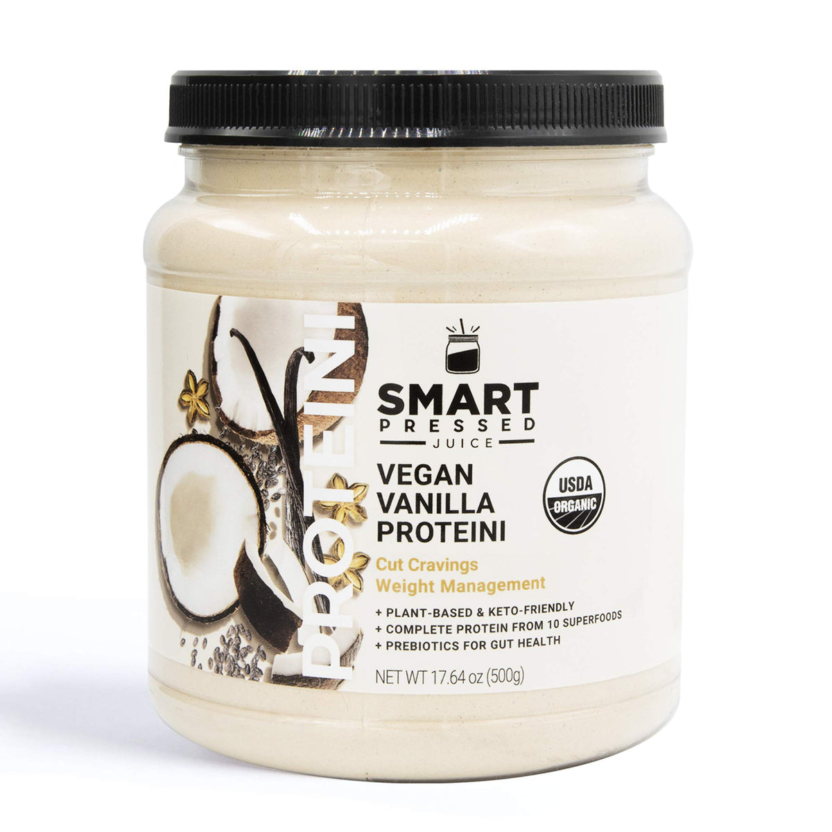 Packaging of SMART Pressed Juice Vegan Vanilla Proteini
