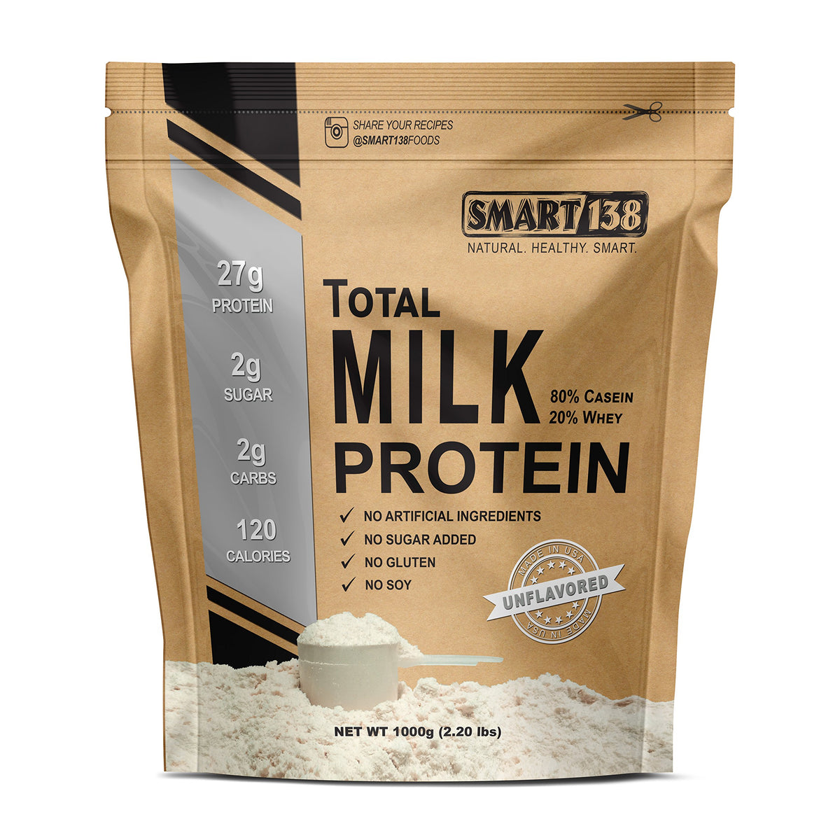 Smart138 Total Milk Protein unflavored powder 1000g for clean shakes.
