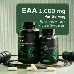 Close-up of EAA capsules showing 1g per serving