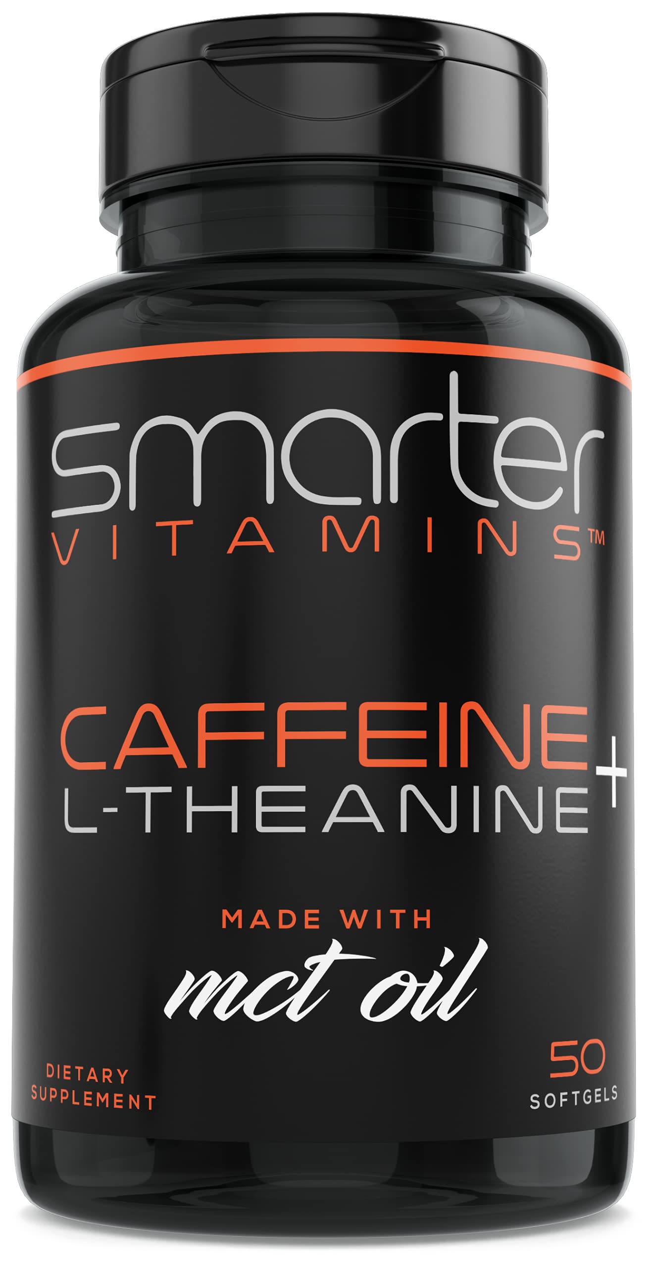 SmarterVitamins 200mg caffeine pills with MCT oil in a 50-softgel bottle