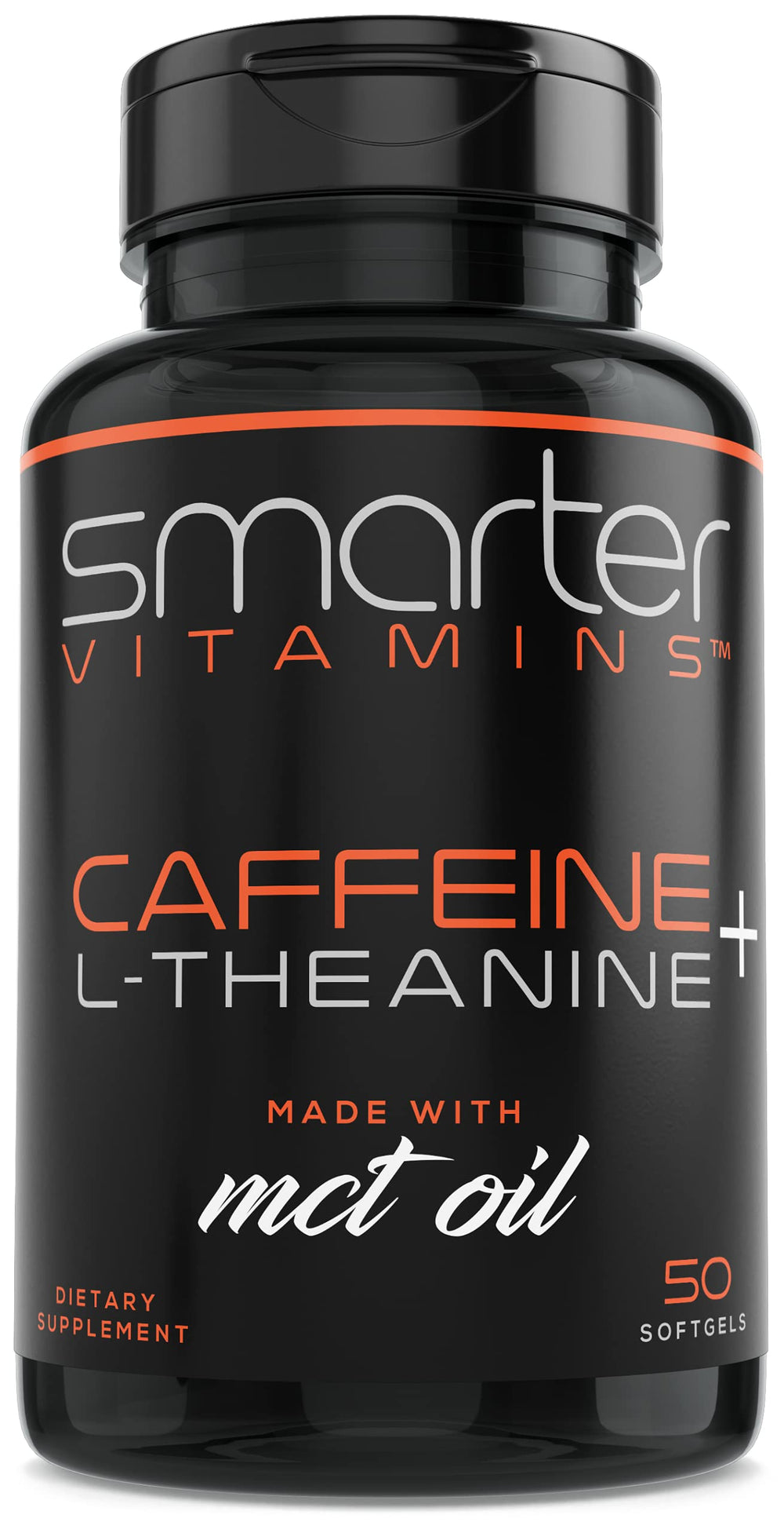 SmarterVitamins 200mg caffeine pills with MCT oil in a 50-softgel bottle