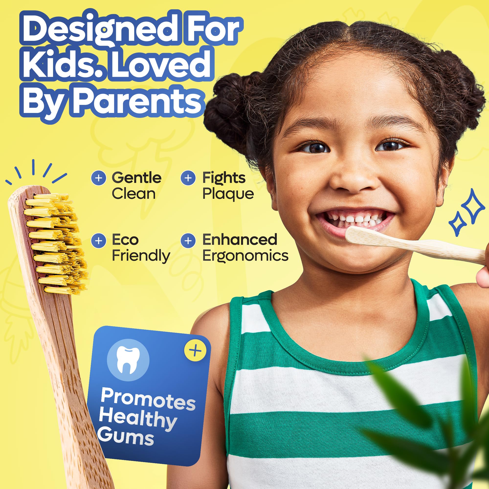 Ultra-soft bristles on toddler-sized bamboo toothbrush