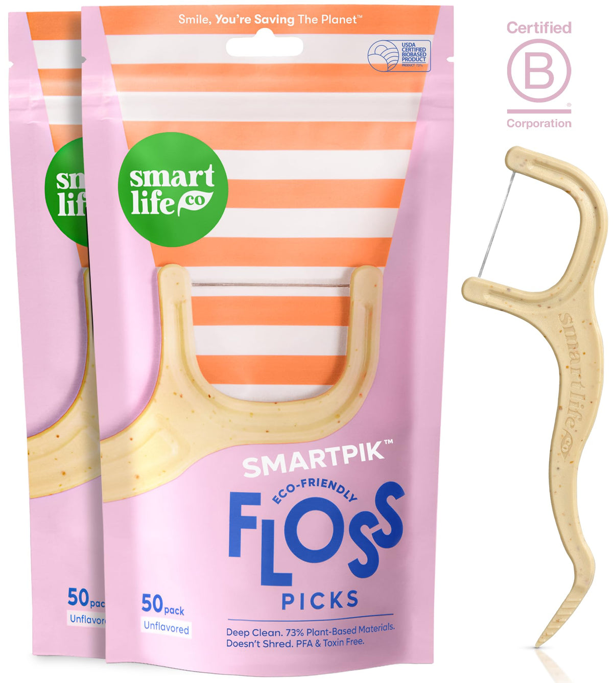 SmartLifeco dental floss picks 100ct eco straw wheat blend packaging