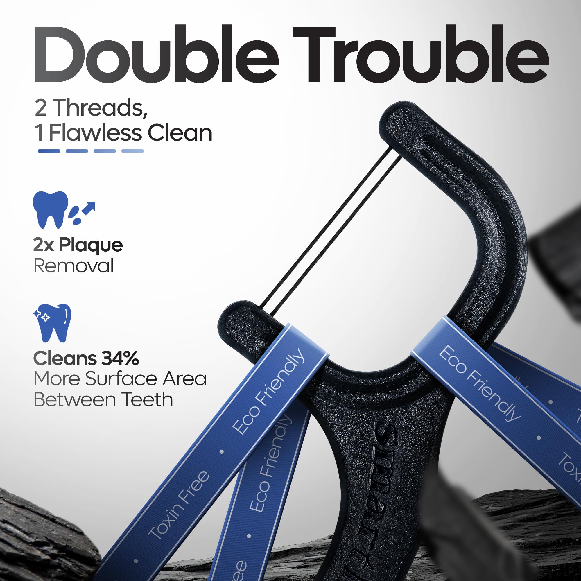 Dual-thread floss picks with charcoal-infused floss