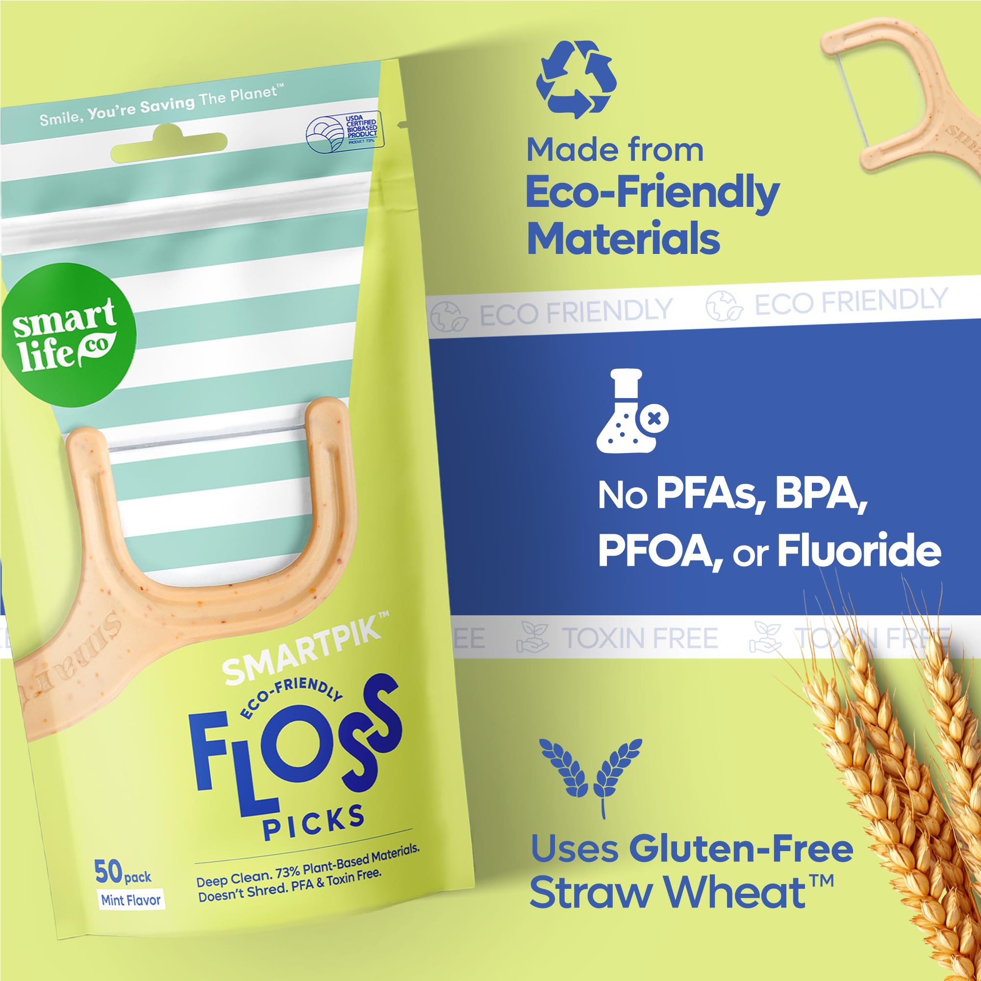 Dental floss picks made from straw-wheat blend with PLA, waxed with candelilla