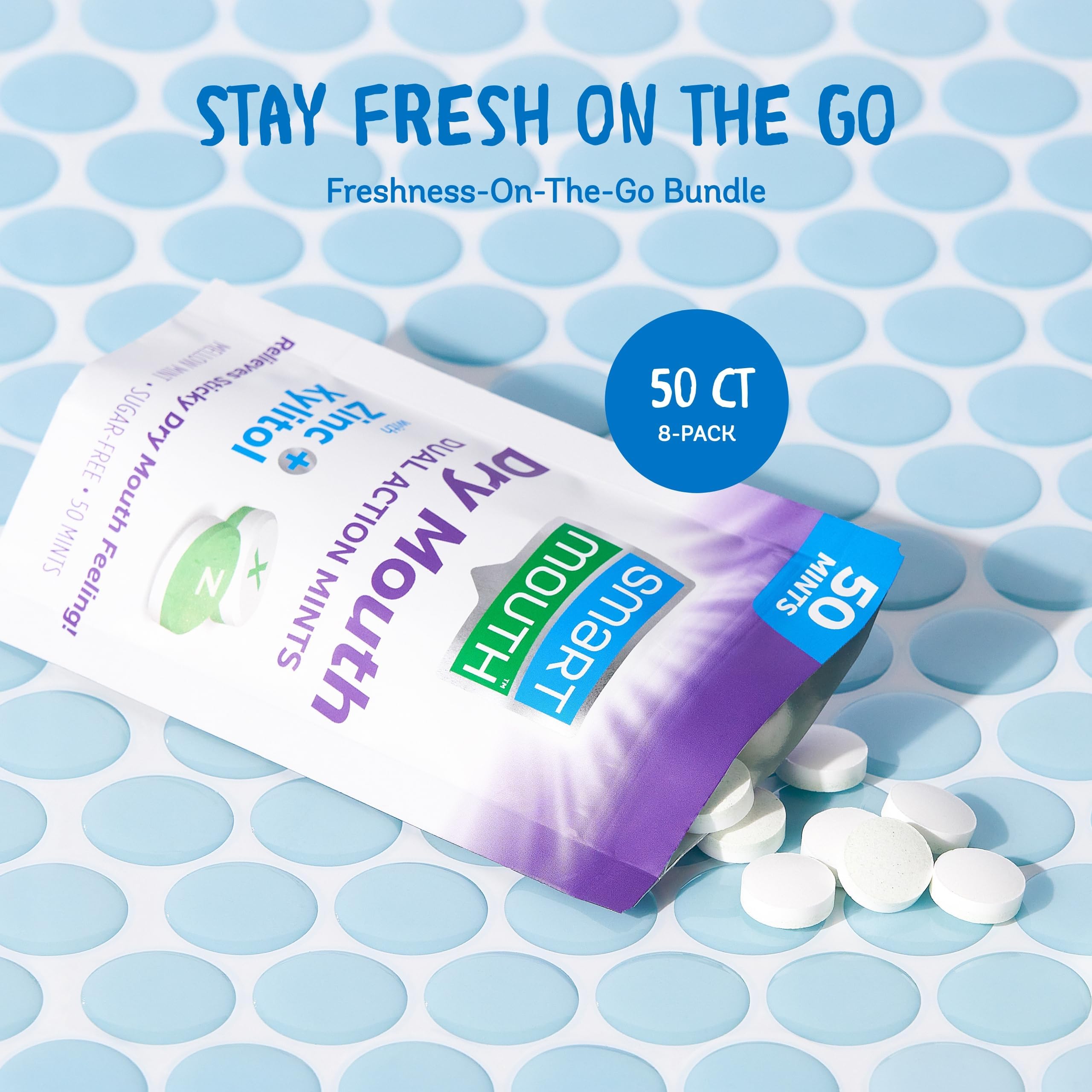 8-pack box of SmartMouth Dry Mouth Mints Mellow Mint