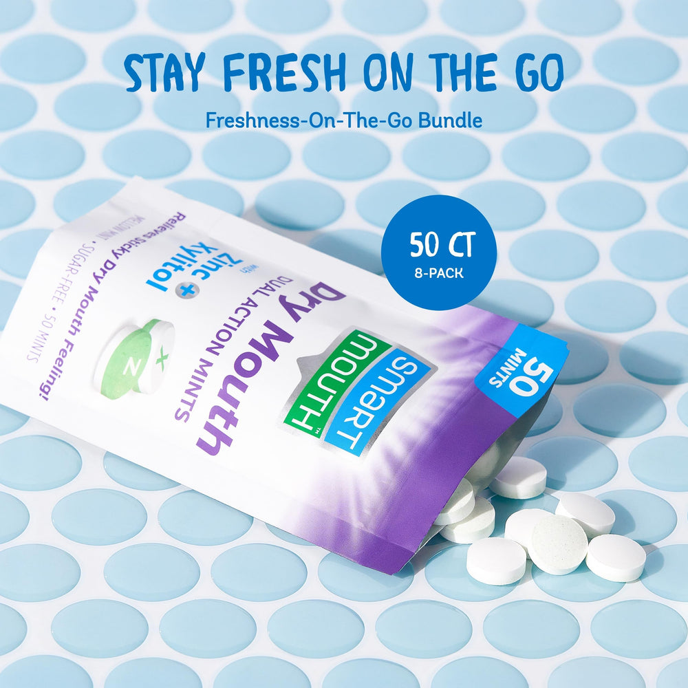 8-pack box of SmartMouth Dry Mouth Mints Mellow Mint