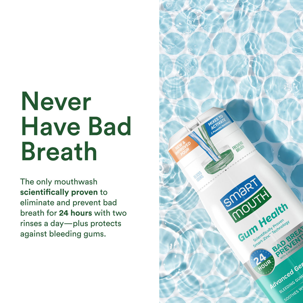 Alcohol-free and paraben-free badge on SmartMouth Gum Health rinse