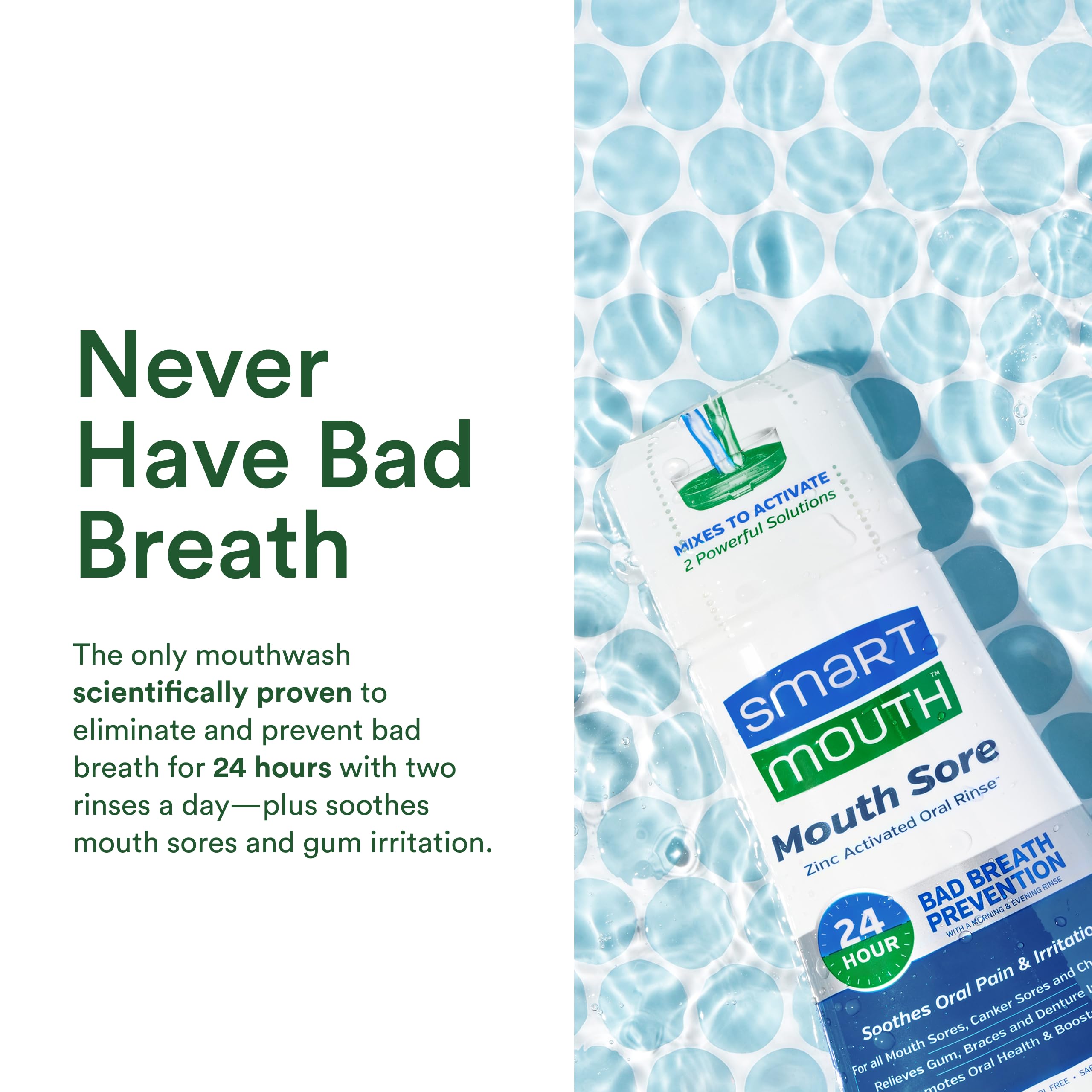 Label of SmartMouth Mouth Sore Zinc Activated Oral Rinse