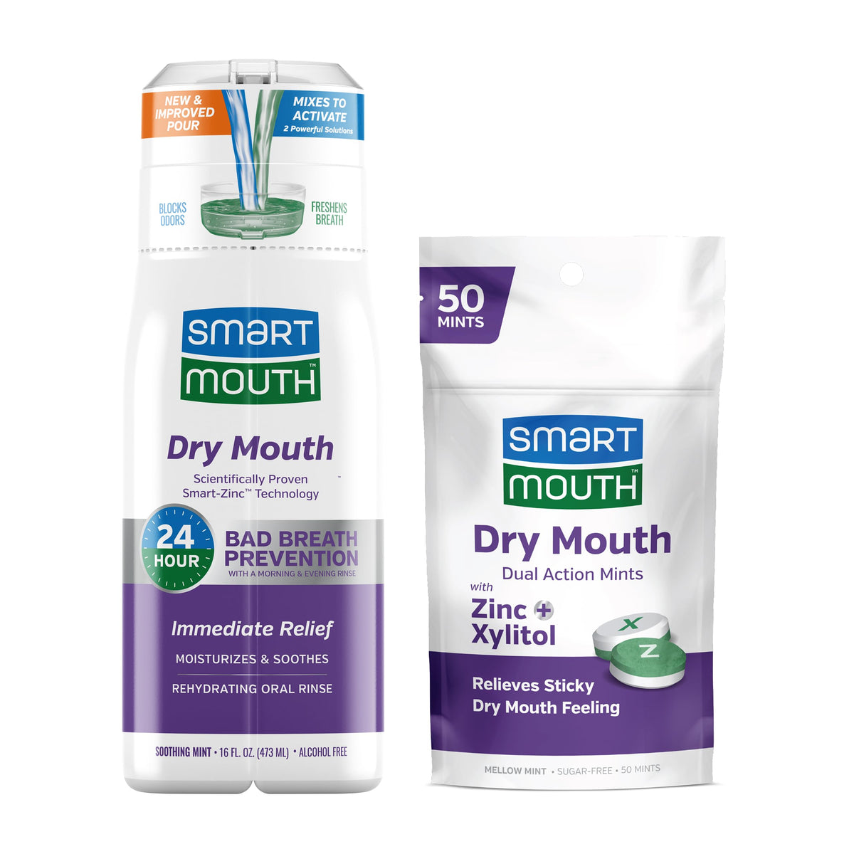 SmartMouth Dry Mouth Package with 16 oz mouthwash and 50 dual-action mints