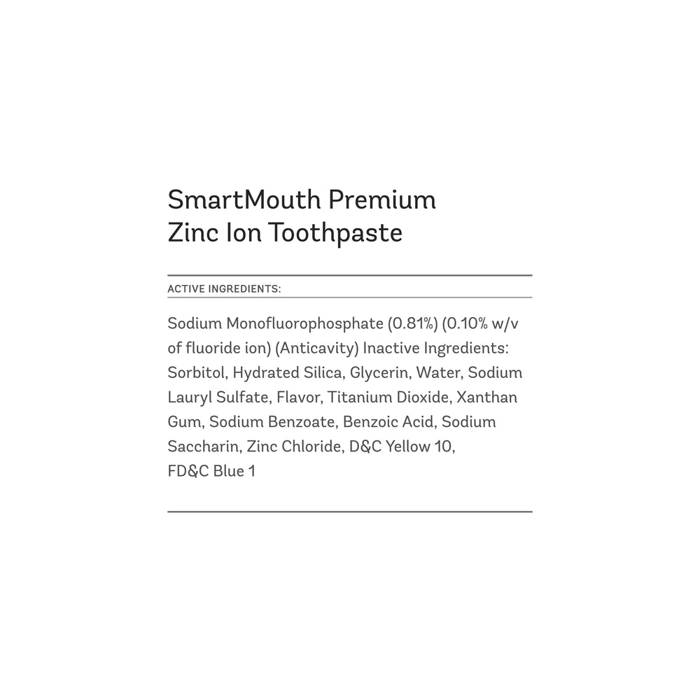 Close-up of SmartMouth toothpaste label showing fluoride and whitening