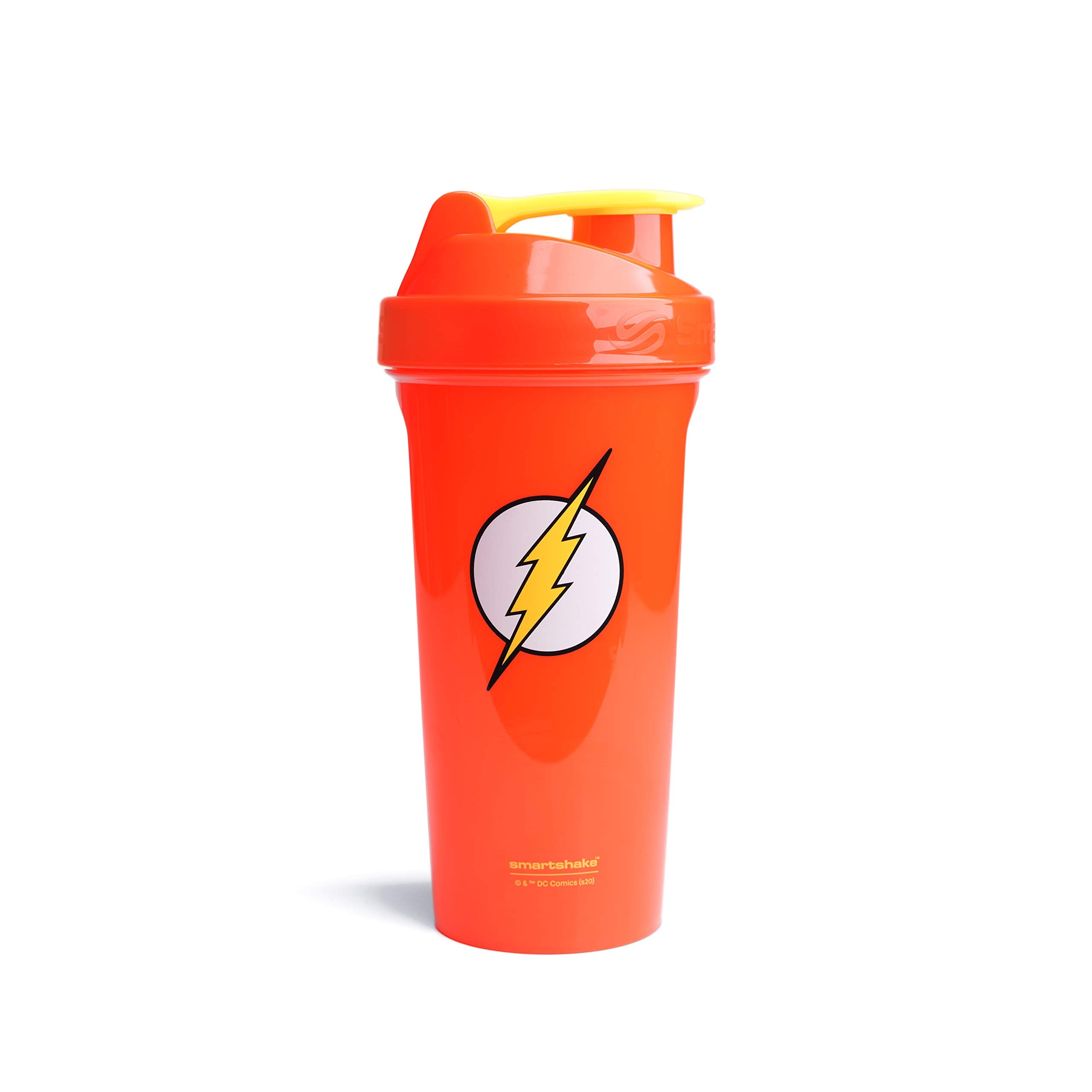 Smartshake Lite Justice League bottle front view with Flash logo for durable protein shakes.