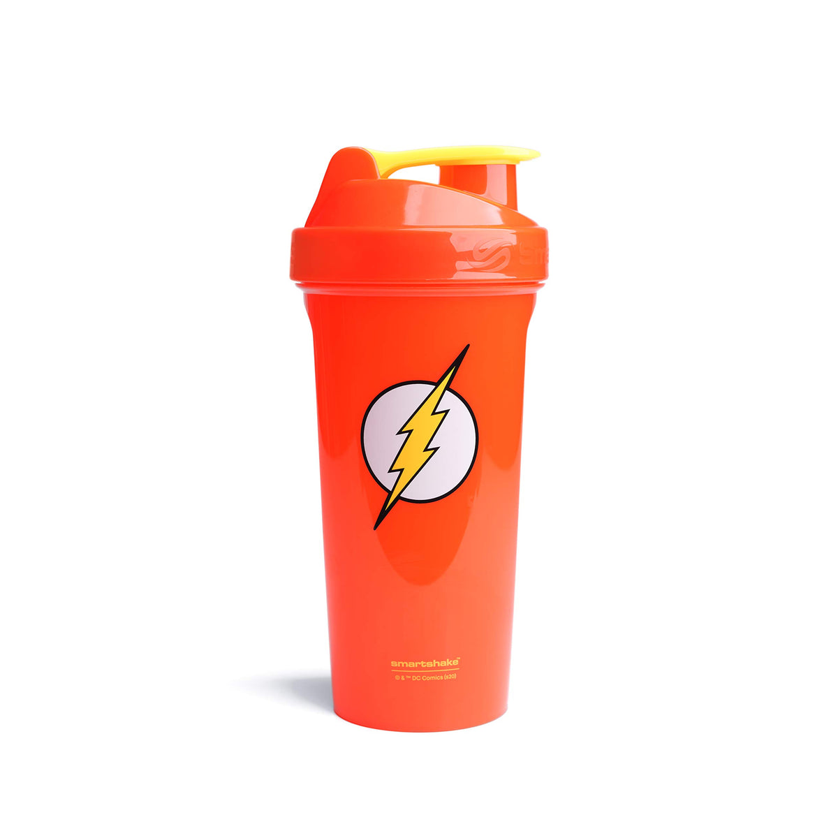 Smartshake Lite Justice League bottle front view with Flash logo for durable protein shakes.