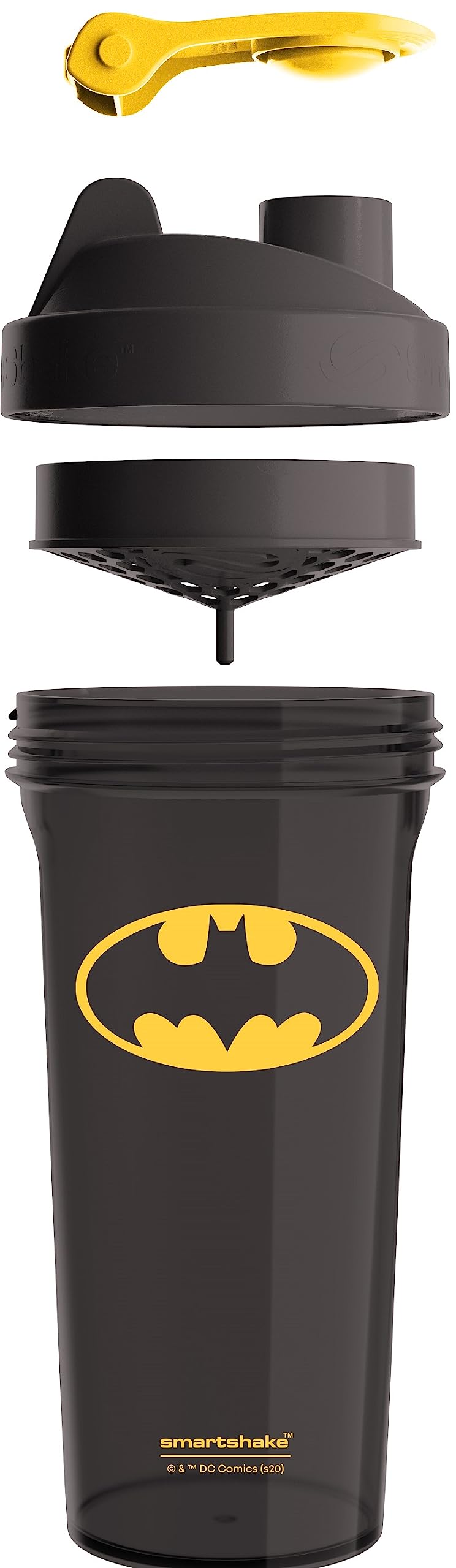 Smartshake Lite Batman lid close-up shows leak-proof spout for gym adventures
