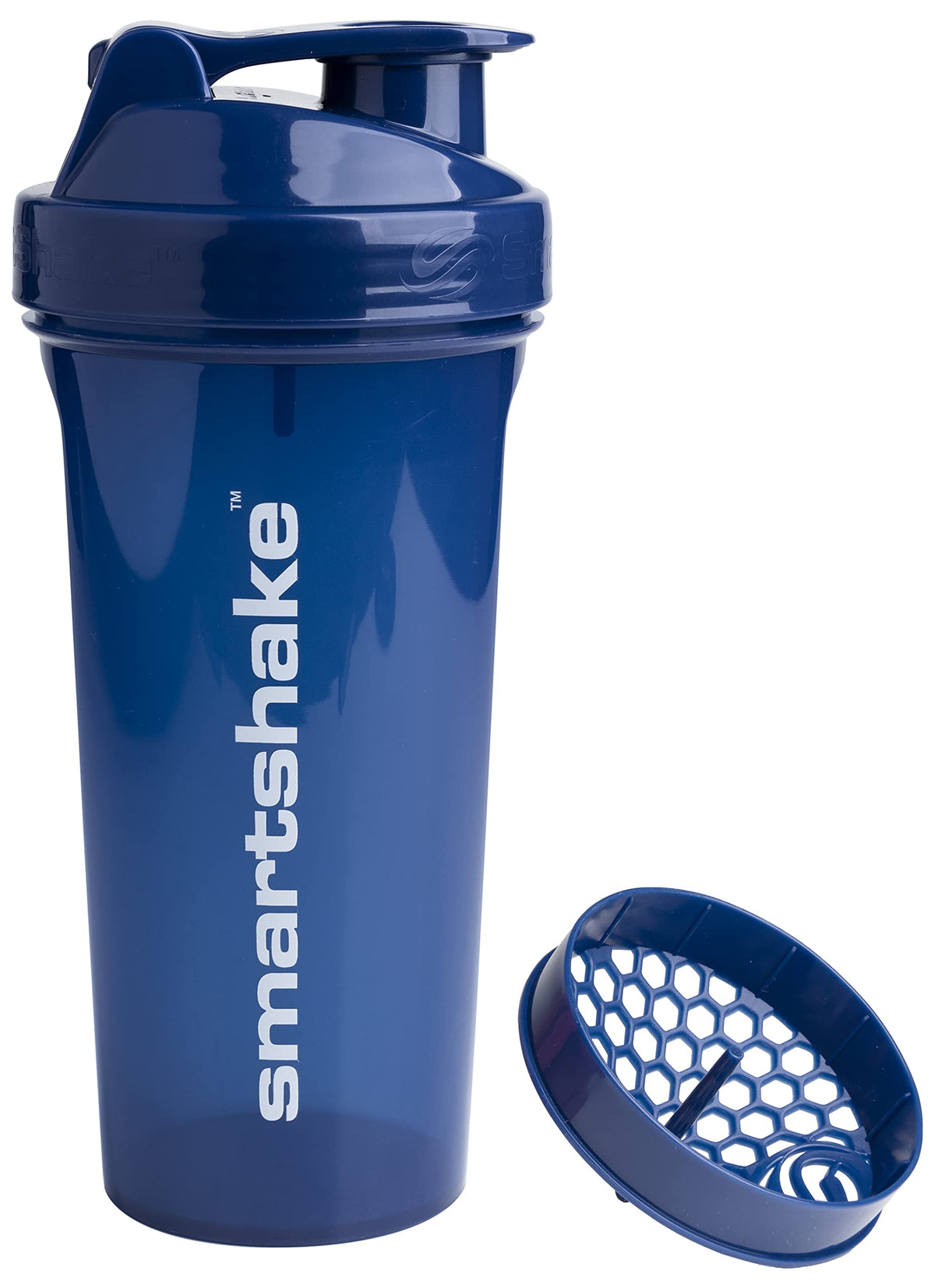 Smartshake protein shaker bottle in glossy navy shows durable construction for daily workouts.