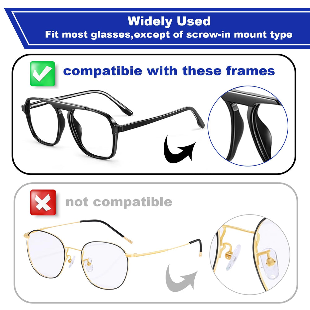 Compatible with plastic frames, sunglasses, and reading glasses