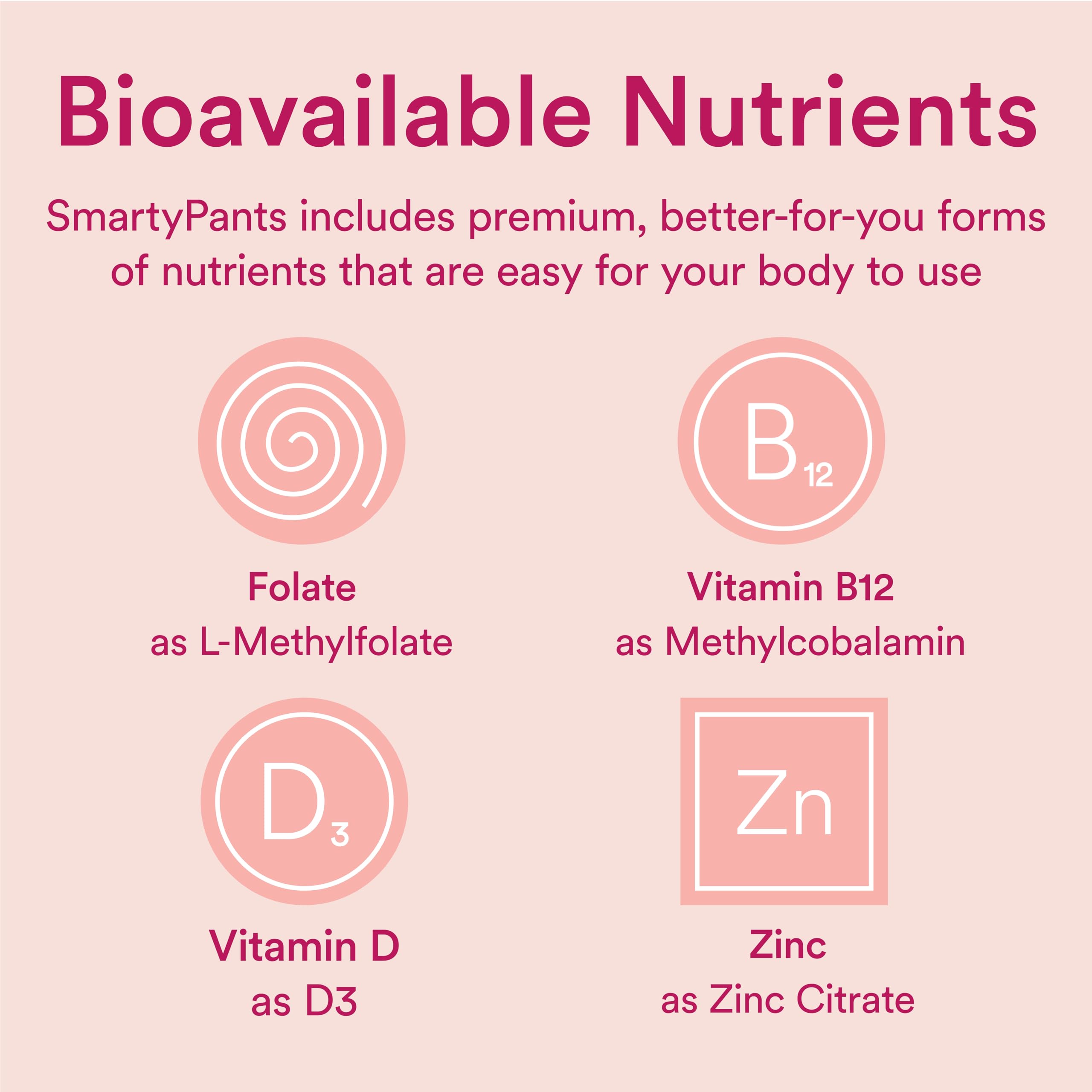 SmartyPants ingredients display with omega‑3 ALA and methylfolate emphasis