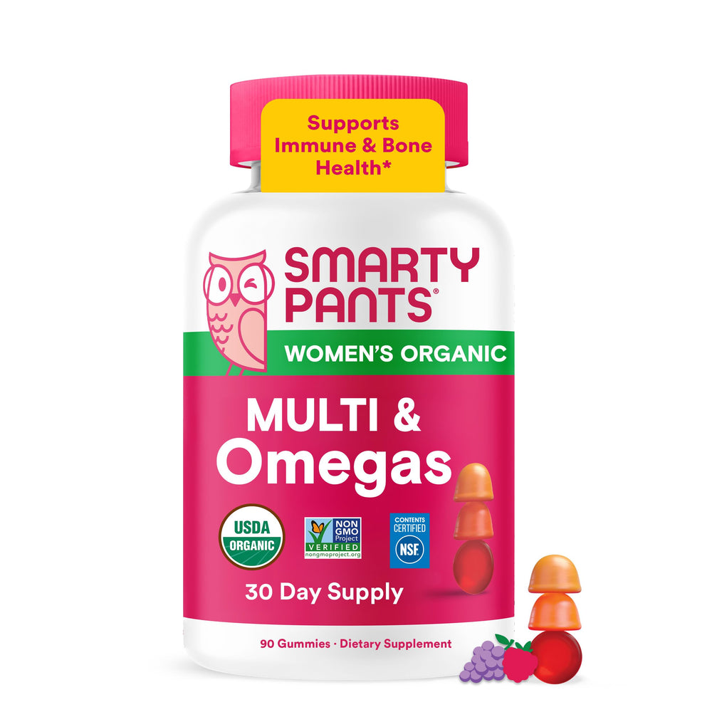 SmartyPants front packaging showing organic women’s multivitamin benefits