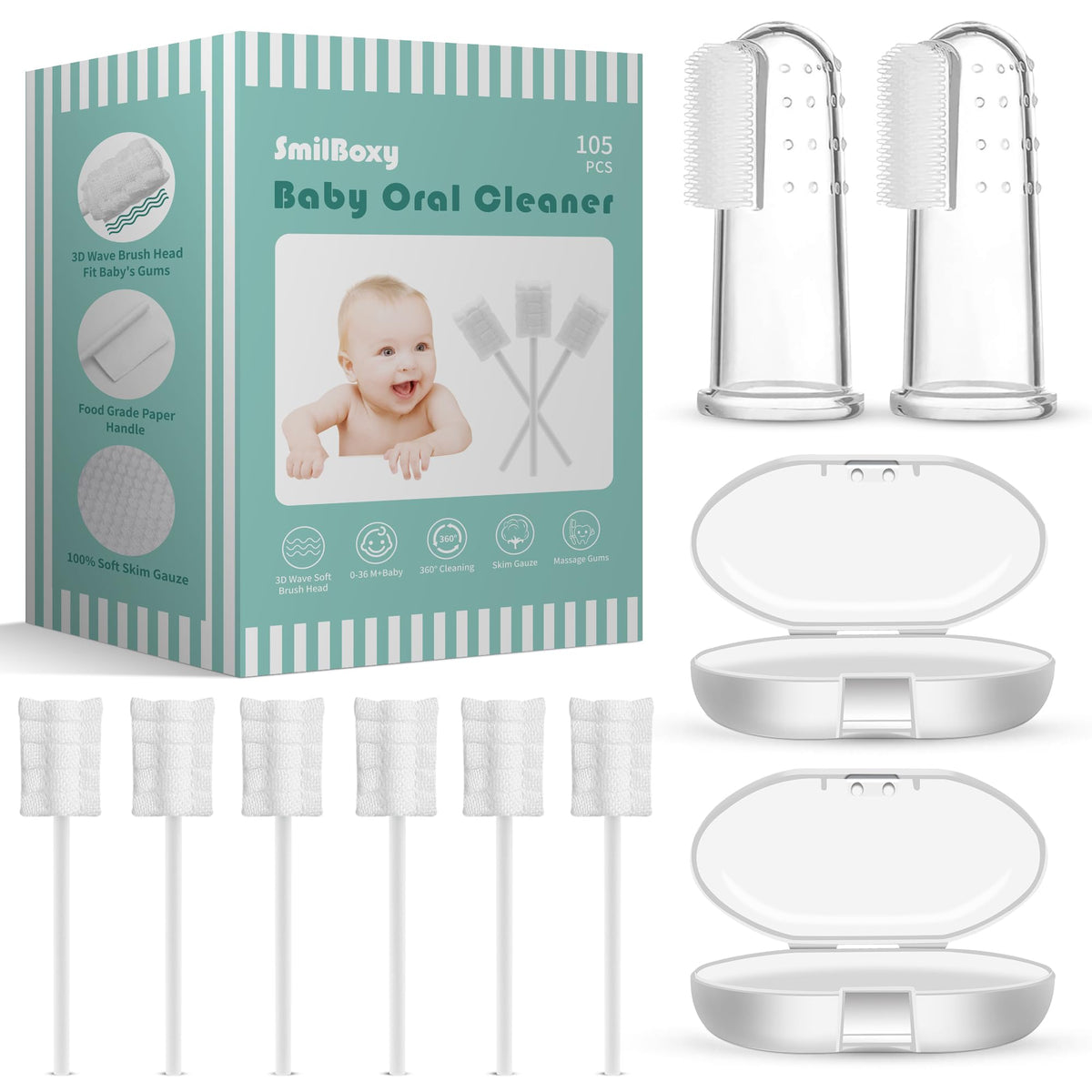 SmilBoxy 105-piece baby tongue cleaner set in a box