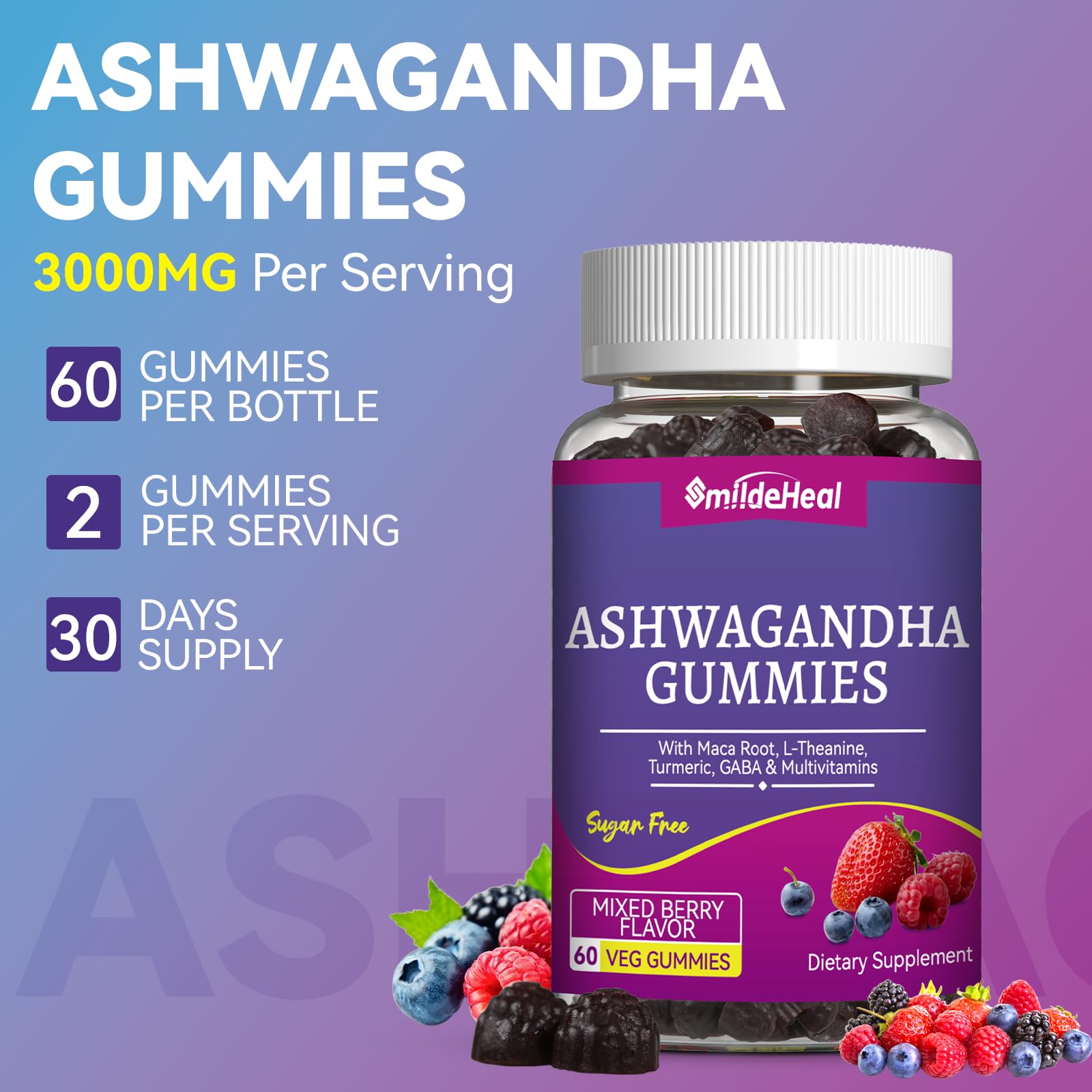 Gummies displayed with bottle on white background