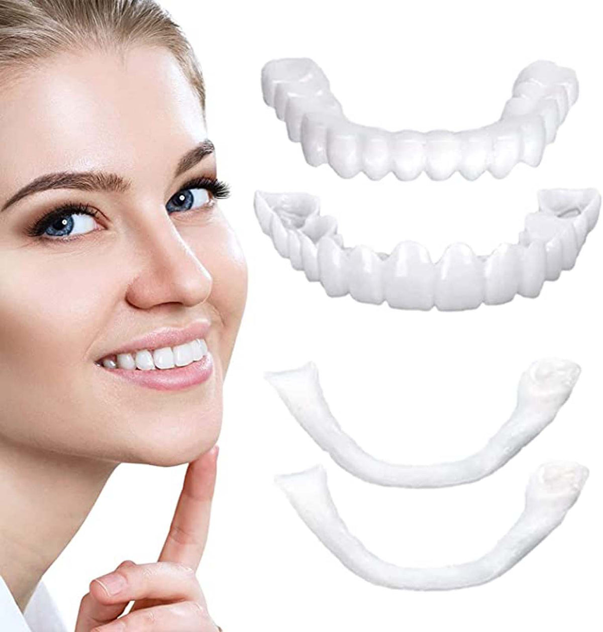 Two-piece smile enhancer set (top and bottom) with lightweight design in packaging
