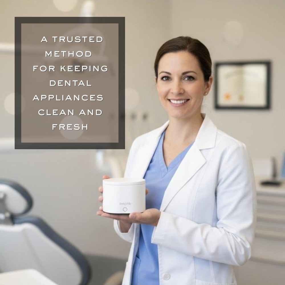 Mouth guard being cleaned with Smile-O-Villa ultrasonic cleaner