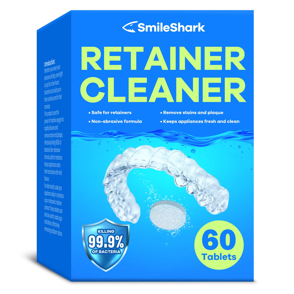 SmileShark Retainer Cleaner Tablets packaging and 60 tablets