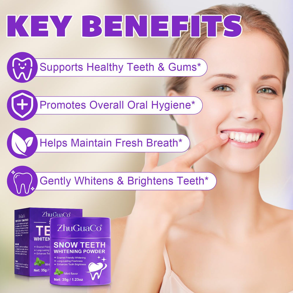 Smiling customer using whitening powder