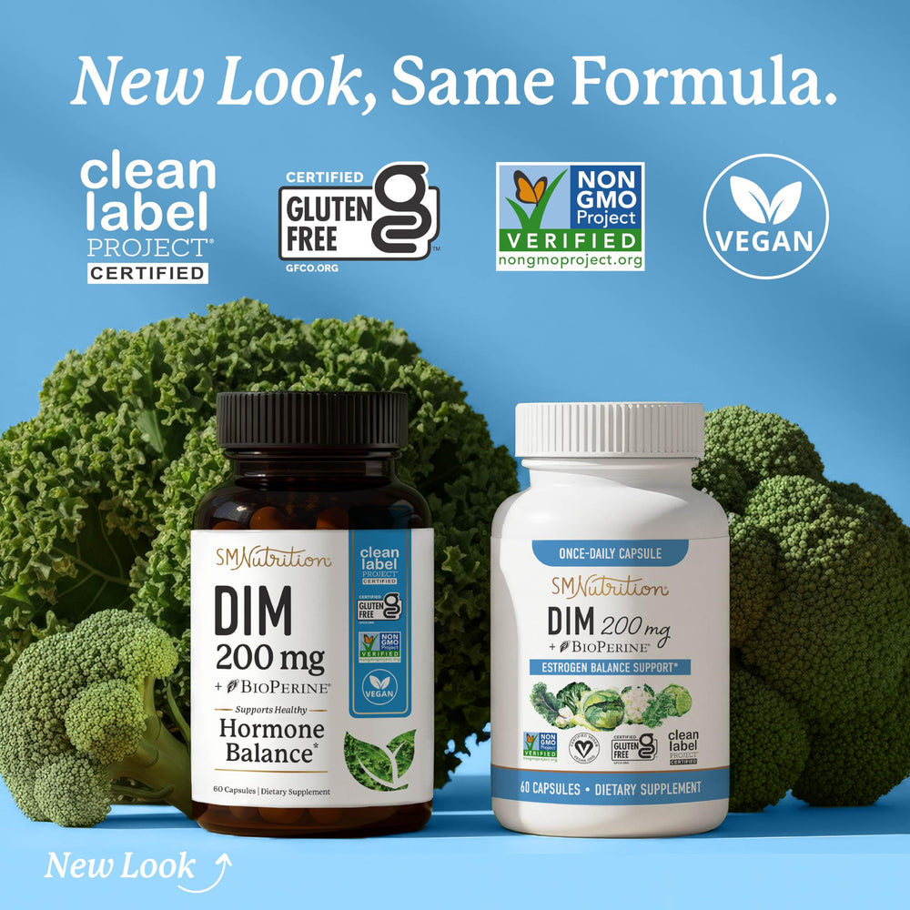 SMNutrition DIM 200 mg capsules arranged for easy daily use benefits.
