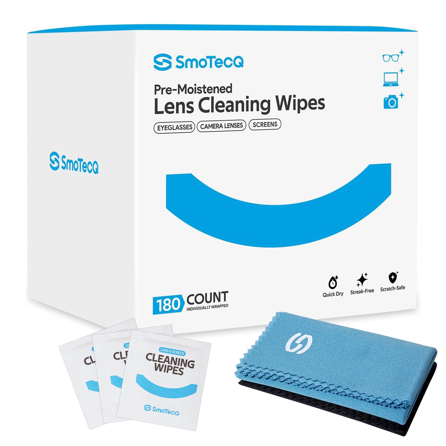 SmoTecQ Lens Cleaning Kit packaging with 180 wipes