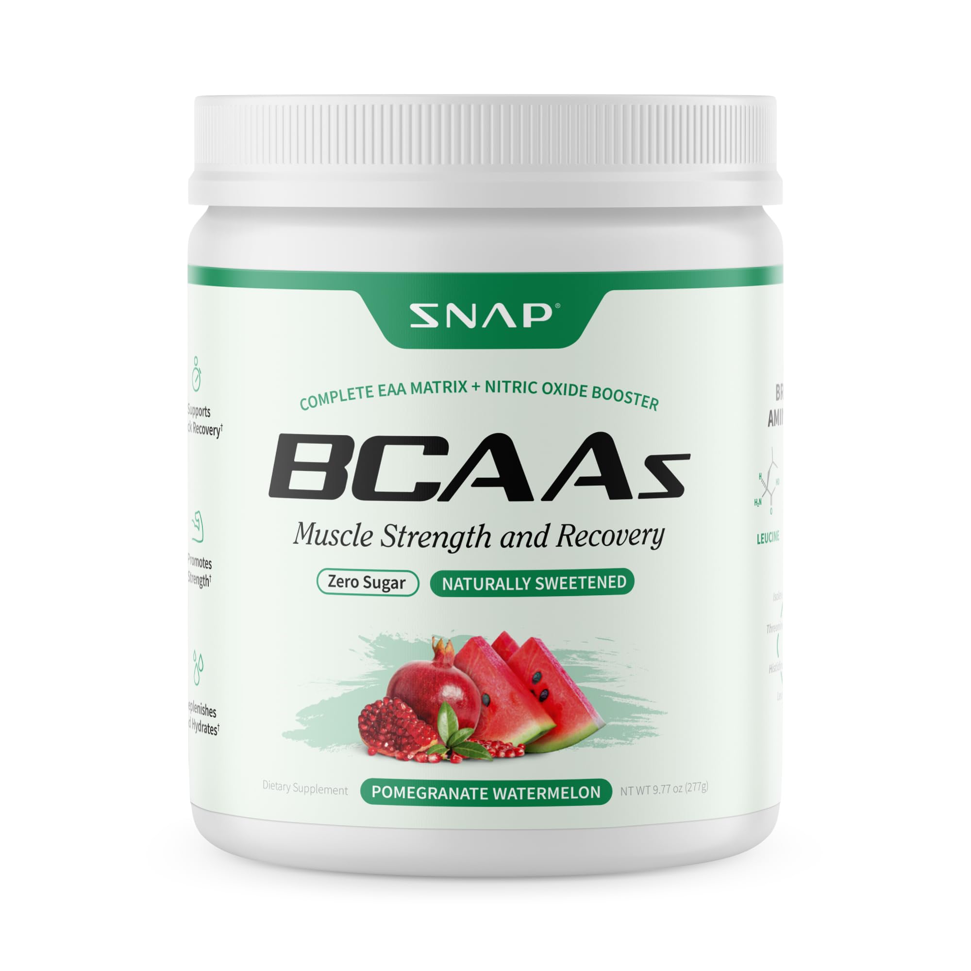 Bottle label: Snap BCAA Powder Watermelon flavor
