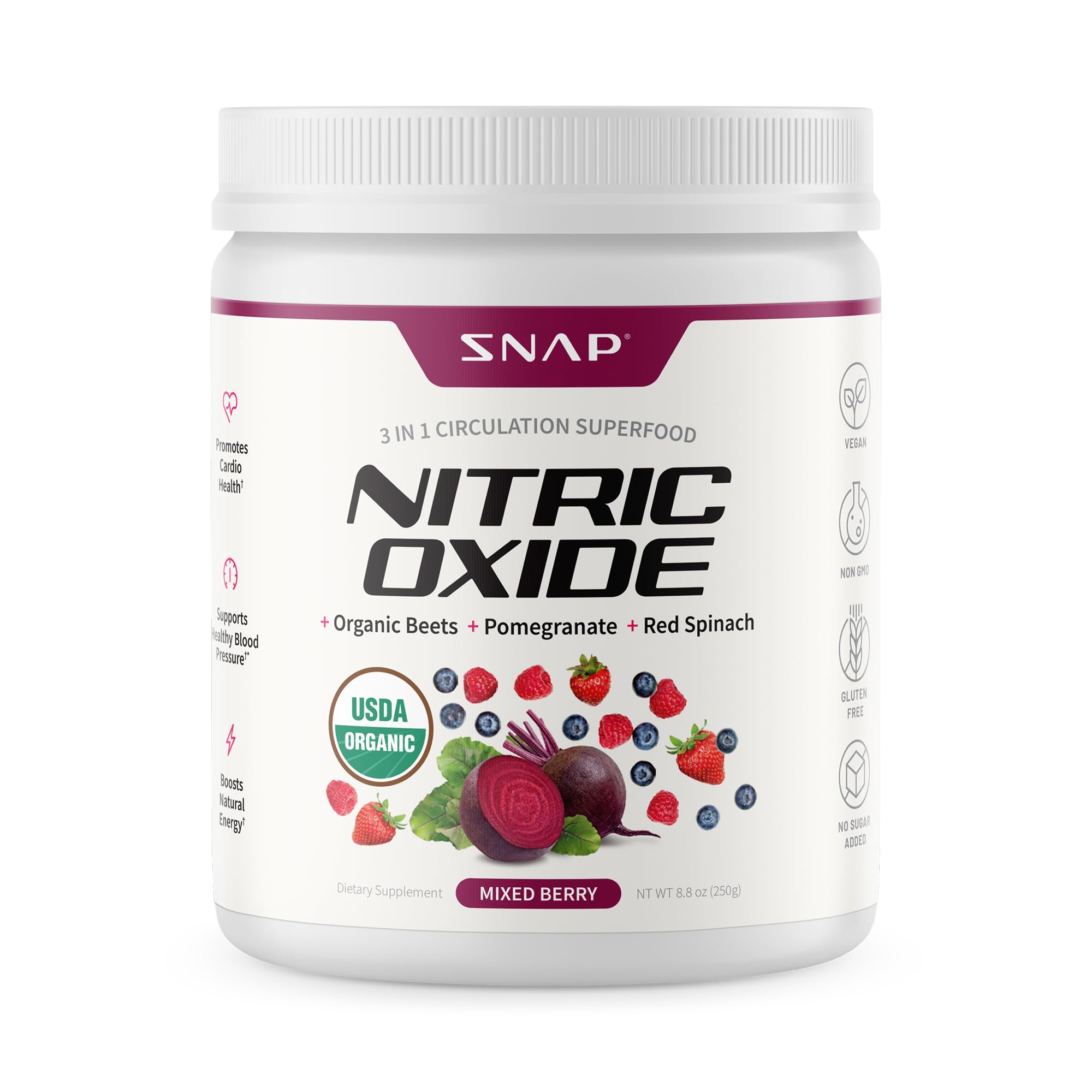 Jar of Snap Supplements Organic Beet Root Nitric Oxide Powder 8.8 oz