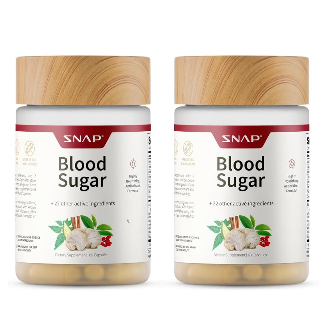 Front label of Snap Supplements Blood Sugar Blend bottle showing 60 capsules in a 2-pack