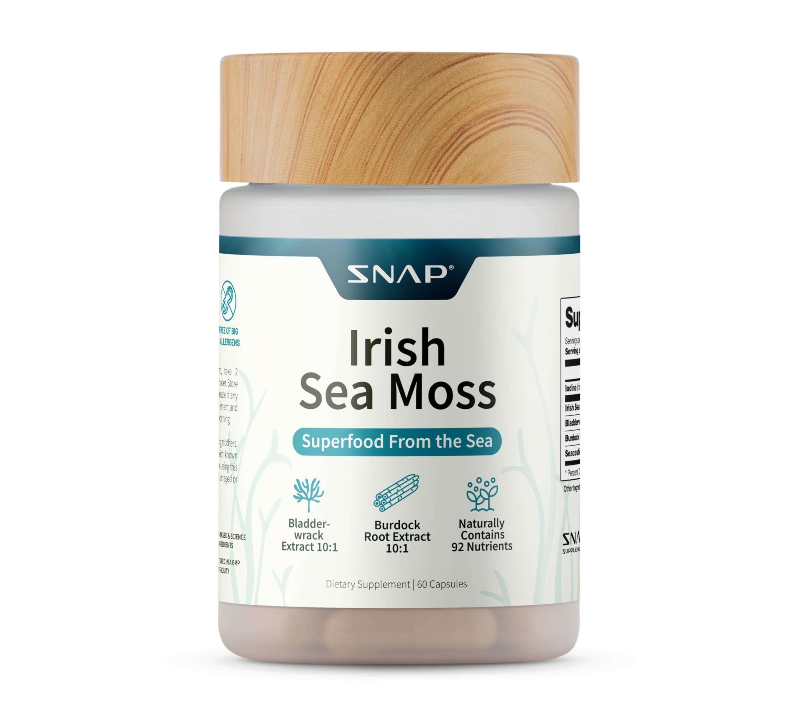 Front view of Snap Supplements Irish Sea Moss bottle