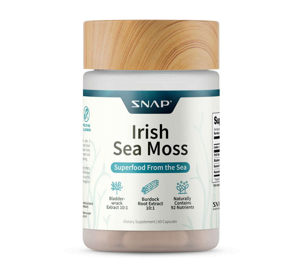 Front view of Snap Supplements Irish Sea Moss bottle