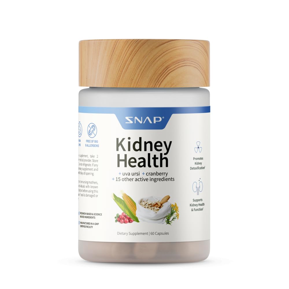 Front view of Snap Supplements Kidney Health bottle with label visible