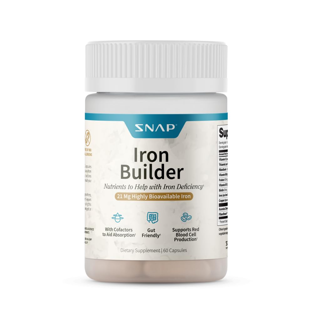 Box and bottle of Snap Supplements Natural Iron Builder on white background