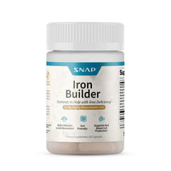Box and bottle of Snap Supplements Natural Iron Builder on white background