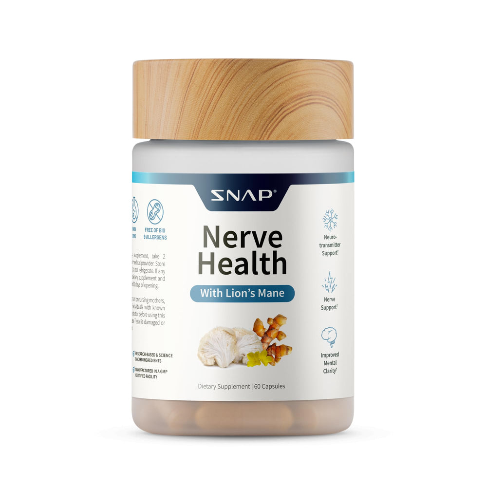 Product hero image showing Snap Supplements bottle with nerve health theme